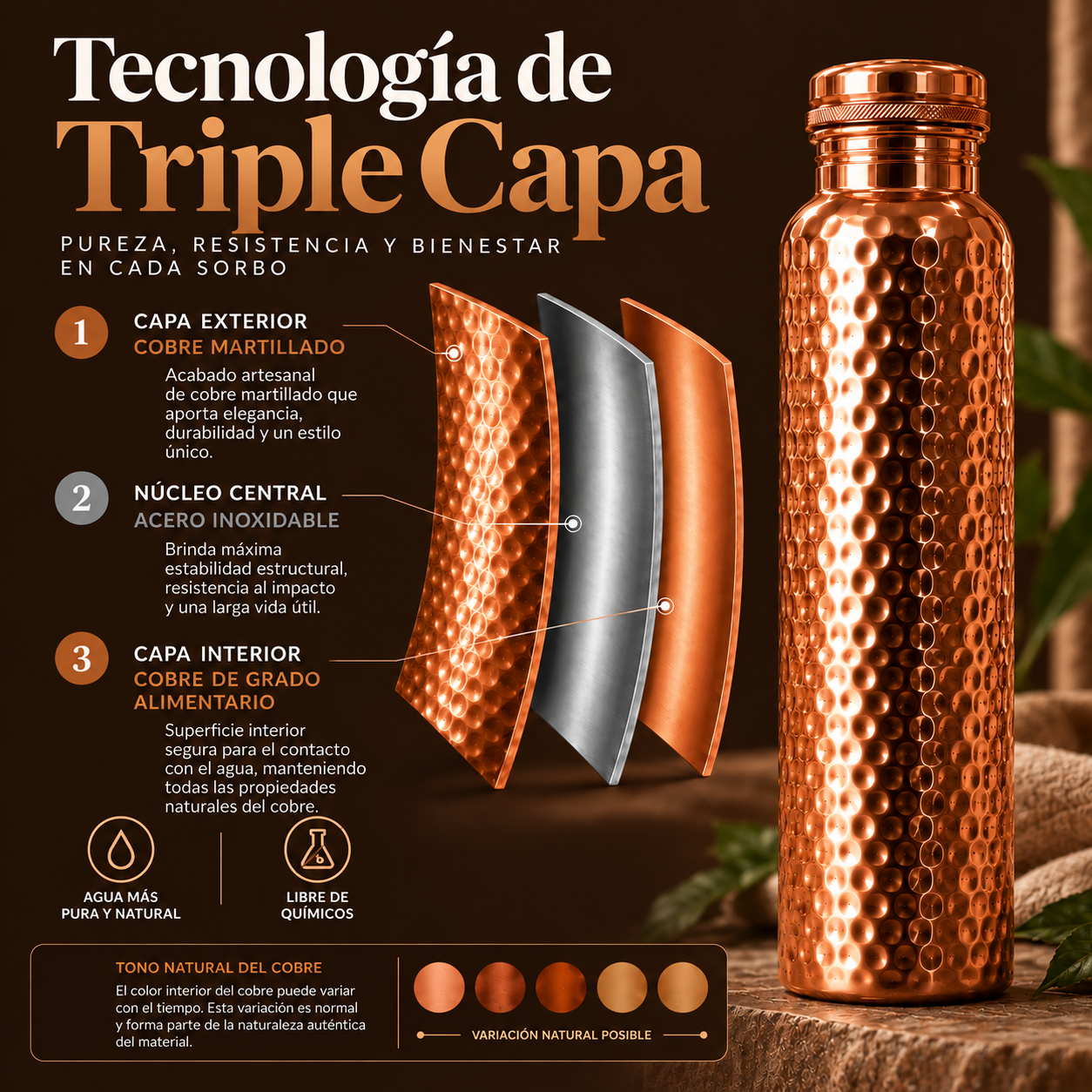 CobreVida™ – Botella de Cobre Artesanal | Agua Purificada Naturalmente