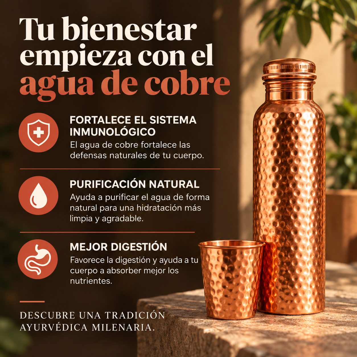 CobreVida™ – Botella de Cobre Artesanal | Agua Purificada Naturalmente